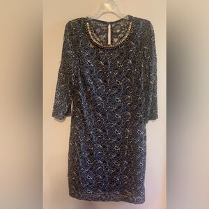 London Times, bead embellished neckline,  size 16, navy blue & taupe lace, lined